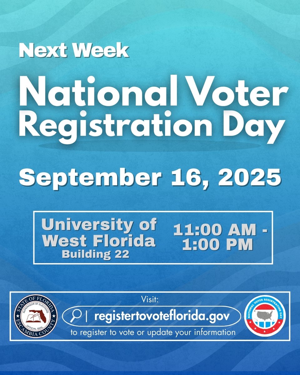 #NationalVoterRegistrationDay is next week! You can visit registertovoteflorida.gov to register or update your information. 
Voter registration is a year round event. Register at events, with applications available at locations around the county, or by visiting our office.