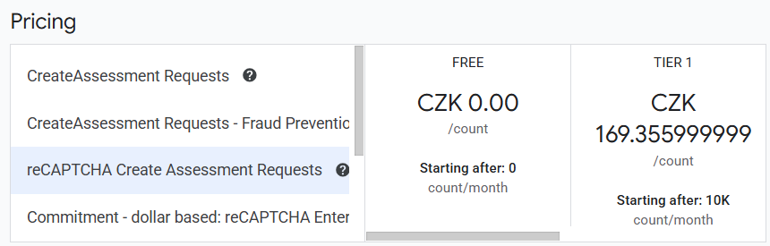 Google mi naúčtoval 169 Kč za jeden request na reCAPTCHU. Pak to naštěstí zastavil limit.

Pro srovnání u toho prvního CreateAssesment Requests je cena 0,02 Kč od 1M, ale nevím, jak se na to přepnout.

console.cloud.google.com/apis/library/r…