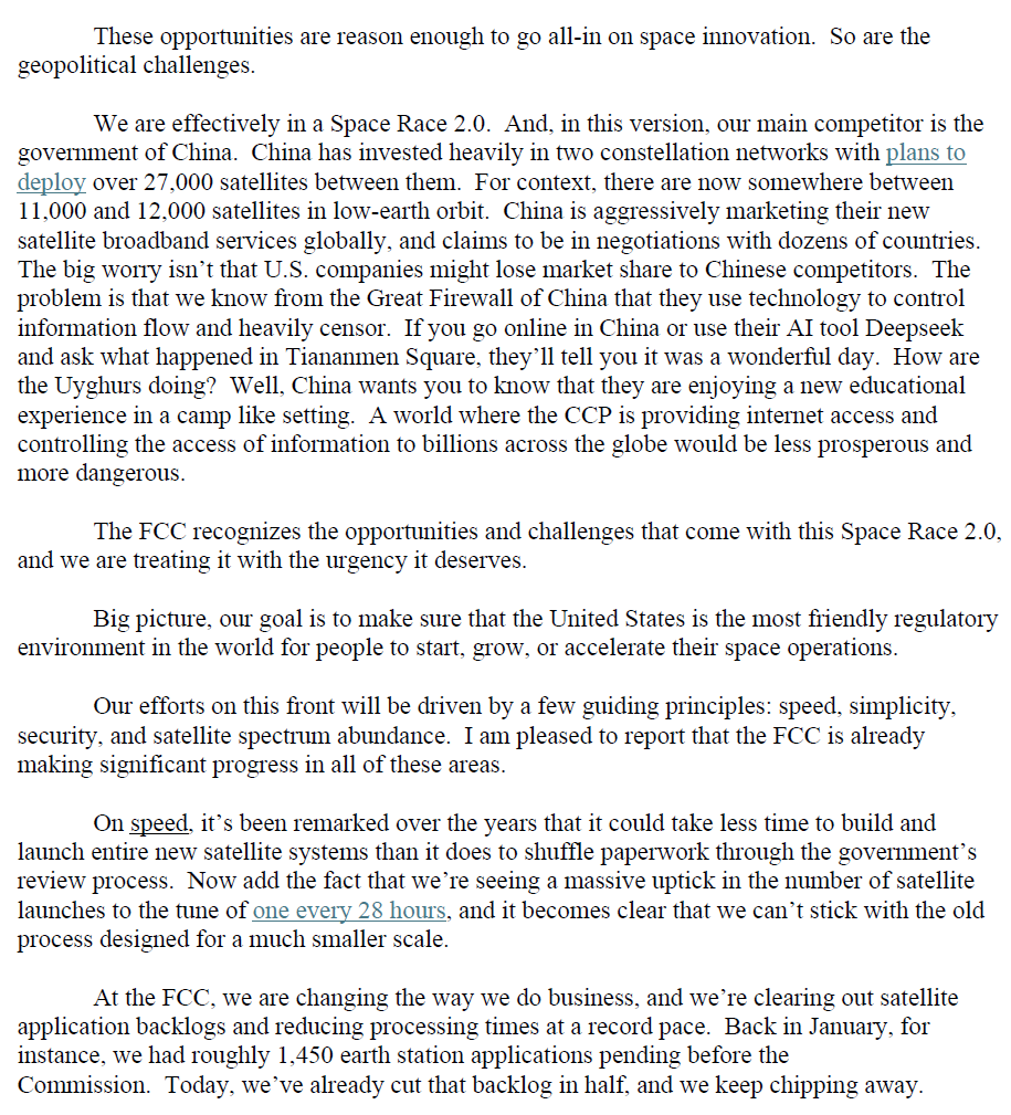 spacanpanman's tweet image. $ASTS: 🇺🇸 FCC CHAIR BRENDAN CARR IS BULLISH ON AST SPACEMOBILE AND STARLINK TO SPEAR US LEADERSHIP IN GLOBAL SPACERACE VS. CHINA

Remarks from US Chamber of Commerce Global Aerospace Summit Sep 9, 2025

Direct-to-Cell:

"As so many of you know, we are living through a new wave of…