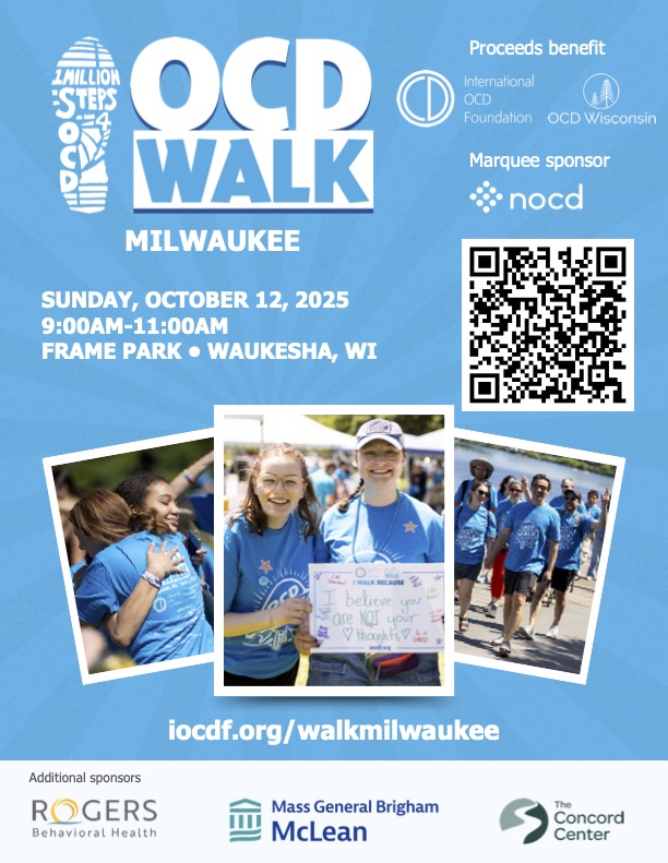 📣 Just 4 weeks away!
Join us for the OCD Walk - Milwaukee 💙👟
🗓️ Oct 12, 2025
🕘 9–11 AM
📍 Frame Park, Waukesha, WI
Walk for awareness, support &amp; hope.
💡 Learn more &amp; register: iocdf.org/walkmilwaukee
🤝 Sponsor info: ocdwisconsin.org
#1MillionSteps4OCD #iocdf