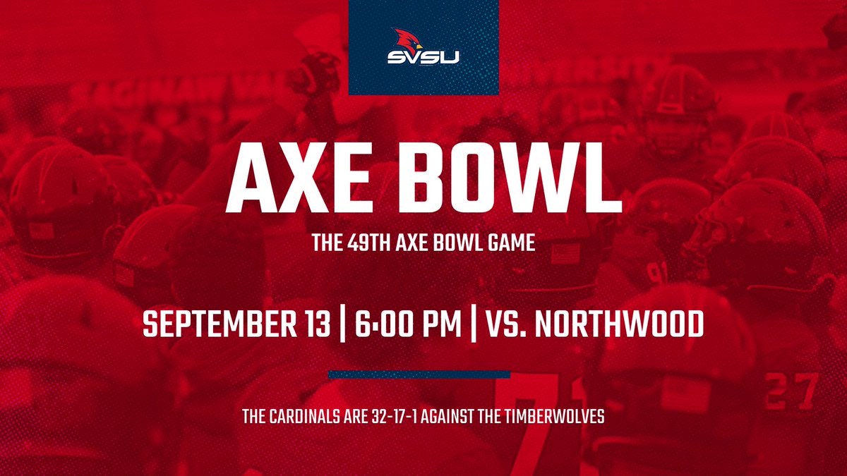 svsuathletics's tweet photo. It's Axe Bowl Week!🔥🪓
@svsu_football hosts Northwood and looks to take the axe back😤
It's a Red Out so show your red pride and wear red for the game!🔴🐦
#BeaksUp #GoCards #StandOut #AxeBowl #SVSU #Football #Rivalry https://t.co/0RGM0256cn
