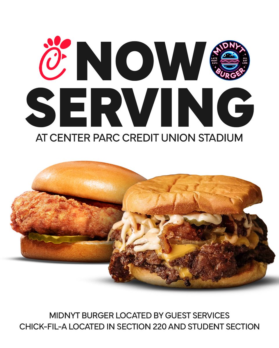 GeorgiaStateFB's tweet photo. New concessions options! 🍔🍗

Chick-fil-A and Midnyt Burger will be available all season long at Center Parc Credit Union Stadium!
🎟️ General ($5 TIX NIGHT): https://t.co/RINUU9rRTv
🎟️ Students (FREE): https://t.co/sgEXyb12cR

#LightItBlue | #NewAtlanta https://t.co/qZbKLsFpEY