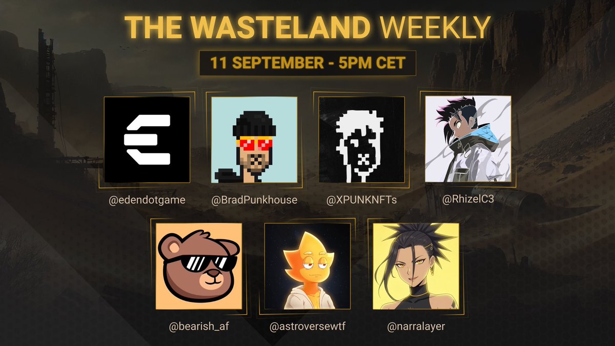 Another Wasteland Weekly you DONT want to miss! 

Tomorrow we will be joined by:
<a href="/bearish_af/">BEARISH</a> 
<a href="/astroversewtf/">AstroVerse</a> 
<a href="/narralayer/">Narra</a> 

🎤SET REMINDERS: x.com/i/spaces/1MnGn…