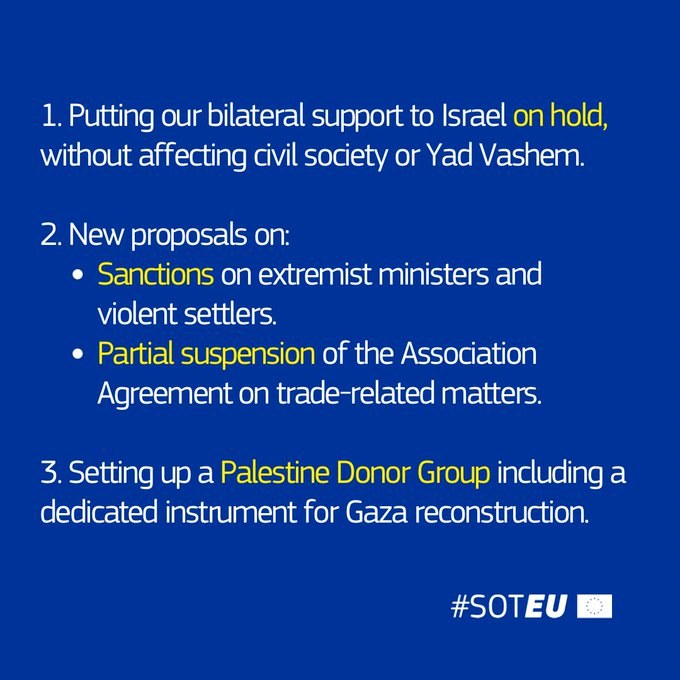 "Lo que está sucediendo en Gaza ha sacudido la conciencia del mundo.

La hambruna provocada por el hombre jamás podrá ser un arma de guerra.

Esto debe terminar.

La ayuda de la UE a Gaza supera con creces la de cualquier otro socio

Pero, por supuesto, Europa necesita hacer más"