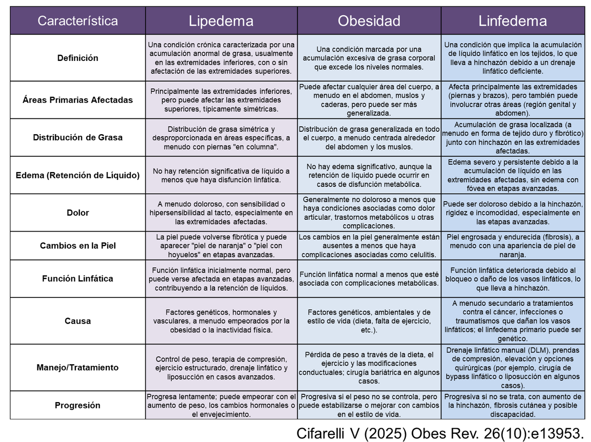 SINTOMAS Y SIGNOS CLÍNICOS EN EL LIPEDEMA Y DIFERENCIAS ENTRE OBESIDAD, LIDEPEMA Y LINFEDEMA

Fuente: Lipedema: Progress, Challenges, and the Road Ahead (Vincenza Cifarelli, 2025).