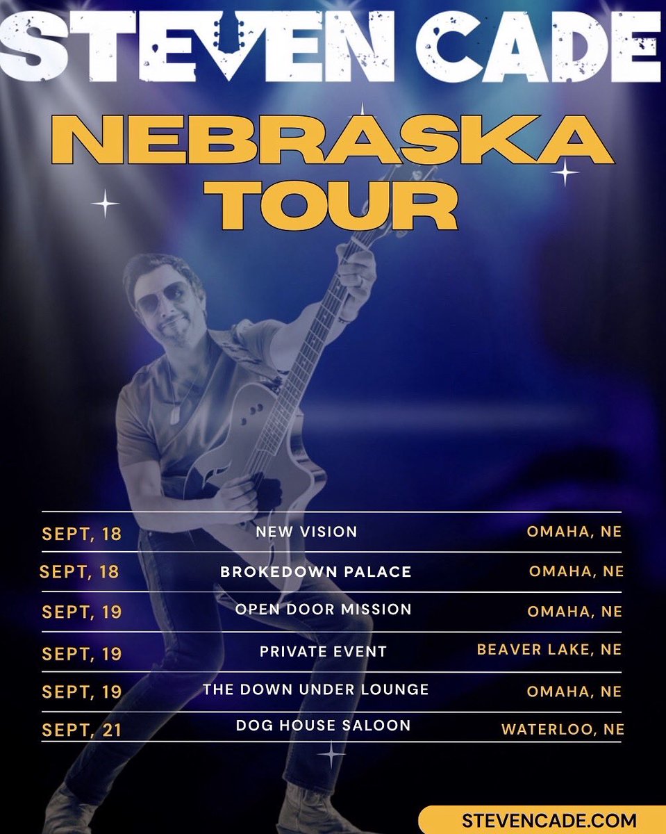 🚨 Nashville this week, Nebraska next! I’m coming your way! 🎶 Can’t wait to play these shows and see all of you soon. 💛✨

📍 Sept 18-21 | Omaha • Beaver Lake • Waterloo
Full details at stevencade.com

Let’s make some memories together! 🤠🎸

#NebraskaTour