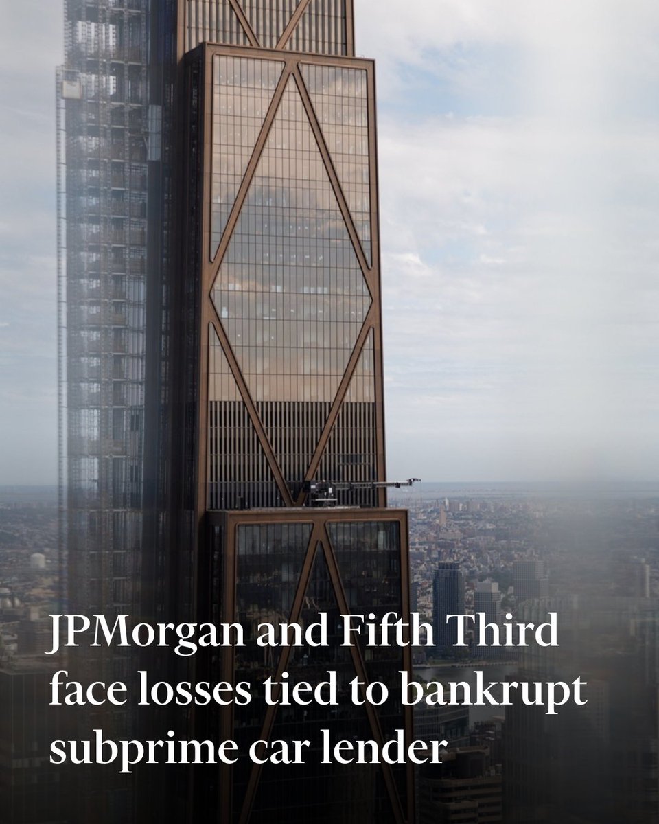 FT's tweet image. US banks including JPMorgan Chase and Fifth Third face hundreds of millions of dollars in losses due to their exposure to collapsed subprime car lender Tricolor Holdings. on.ft.com/4giLlfb