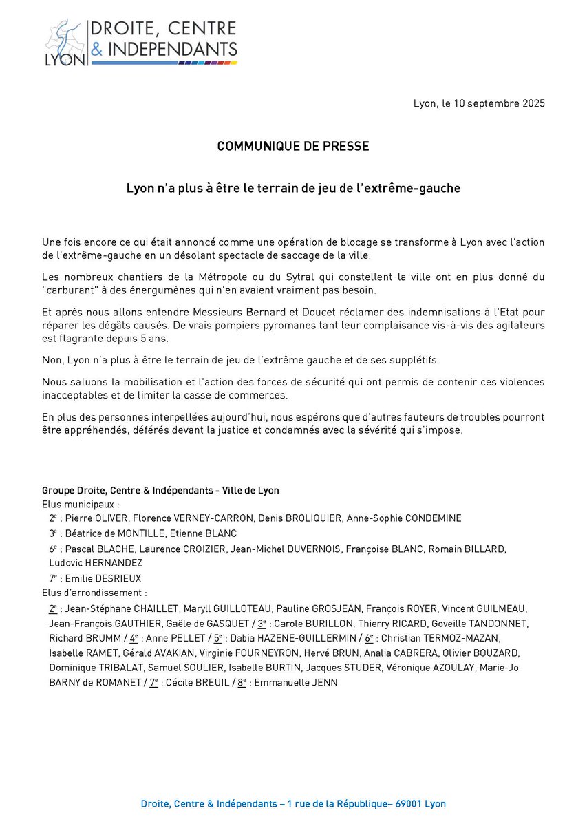 Voici la réaction des élus du groupe Droite, Centre &amp; Indépendants aux violences inacceptables de ce jour qui se sont déroulées à #Lyon