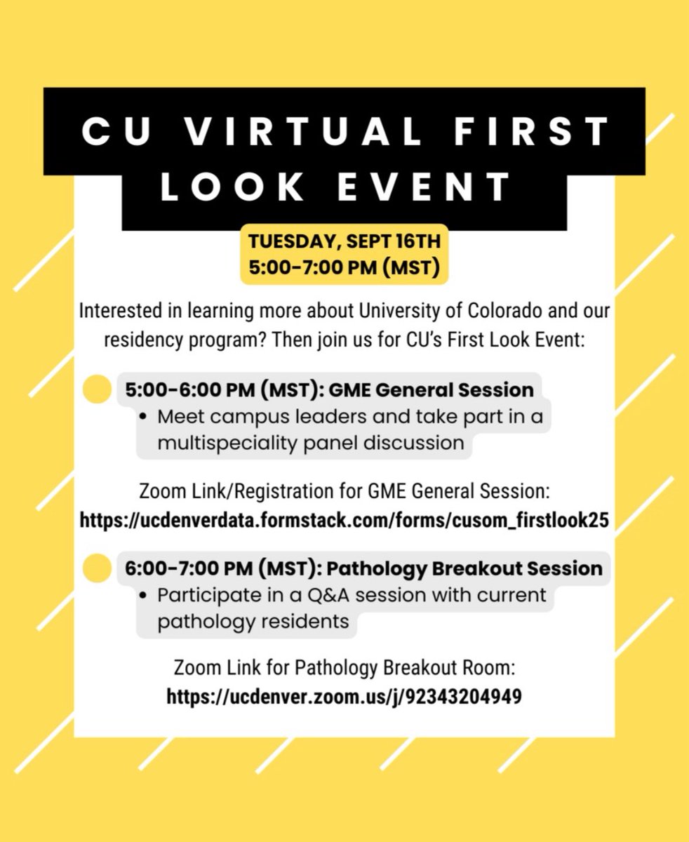 CUpathology (@cu_pathology) on Twitter photo Join us virtually September 16th from 5-7 PM MST to learn more about the University of Colorado and our amazing Pathology Residency Program! Links included below.
5-6 PM - GME Gneral Session:
ucdenverdata.formstack.com/forms/cusom_fi…
6-7 PM - Pathology Breakout Session:
ucdenver.zoom.us/j/92343204949 Join us virtually September 16th from 5-7 PM MST to learn more about the University of Colorado and our amazing Pathology Residency Program! Links included below.
5-6 PM - GME Gneral Session:
ucdenverdata.formstack.com/forms/cusom_fi…
6-7 PM - Pathology Breakout Session:
ucdenver.zoom.us/j/92343204949