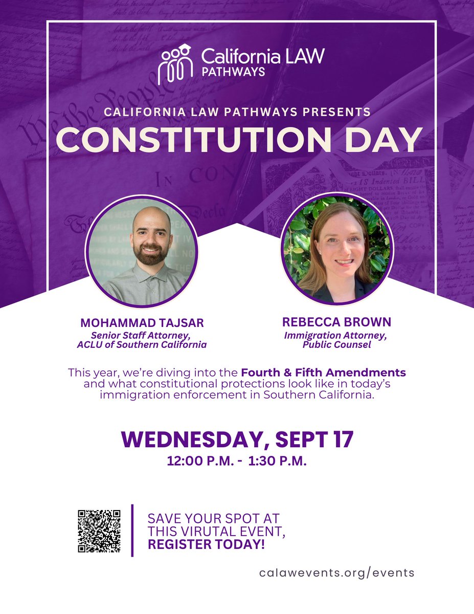 CaLAWpathways's tweet image. 📢 Cal LAW Pathway Students & Partners! You don't want to miss this event!
Join us virtually on September 17, 12:00–1:30 PM for our Constitution Day event.
This year, we’re diving into the Fourth & Fifth Amendments and what constitutional protections look like in today’s…