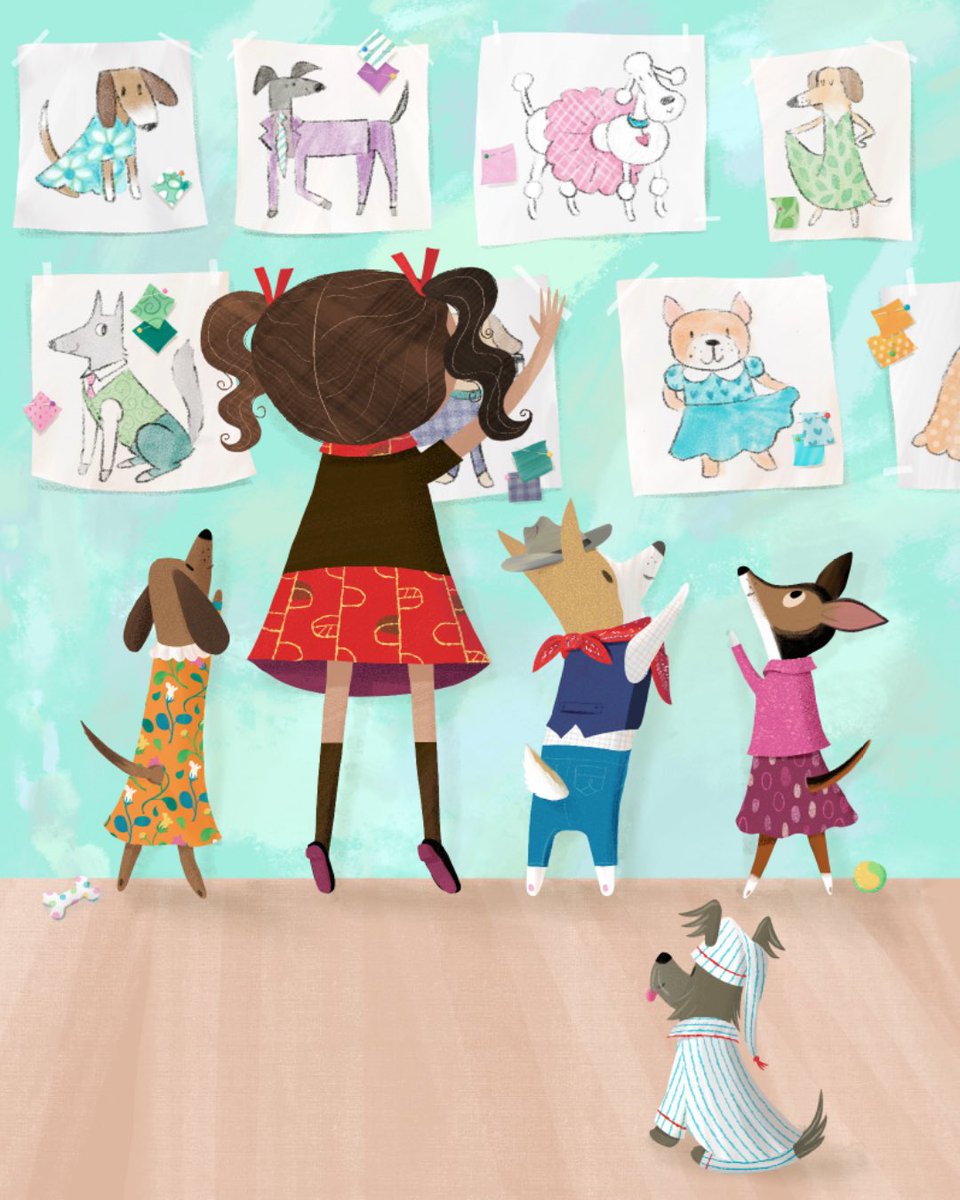 Happy Wednesday! This image is from A MAKER OF DRESSES. 🩷🐶👗 #violetlemay #amwriting #picturebook #illustration #illustrator #sewing #design #dressdesign #dogs #mbartists