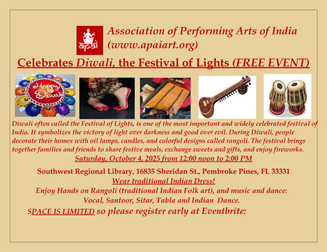 apaiart's tweet photo. Join Us to Celebrate Diwali, the Festival of Lights (FREE EVENT)
Date:  Saturday, October 4, 2025 
Time:  12:00-2:00 PM 
Location:  Southwest Regional Library, 16835 Sheridan St., Pembroke Pines, FL 33331
RSVP here - https://t.co/Gi324MN3h2 https://t.co/Xr1M5URekG