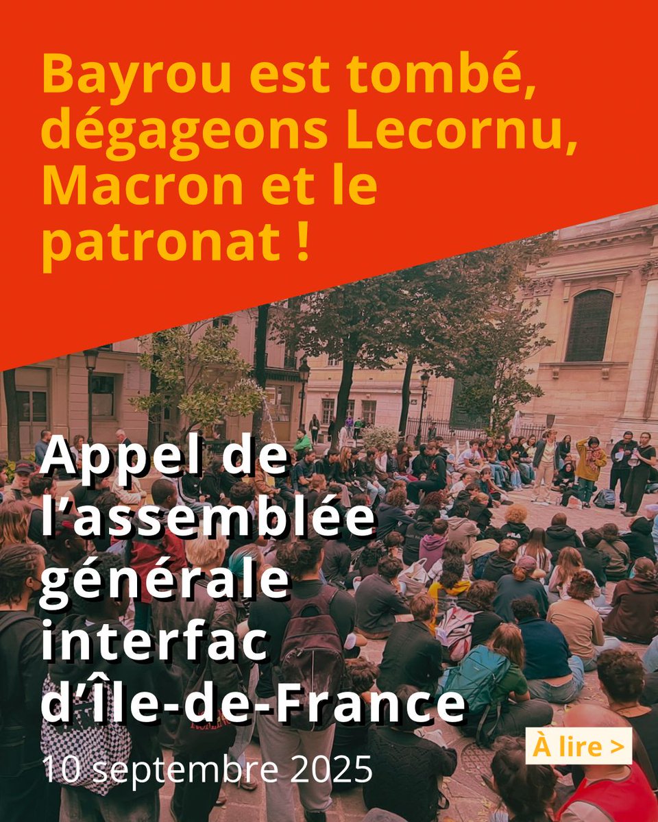 nanterreenlutte's tweet photo. 💥BAYROU EST TOMBÉ, DÉGAGEONS LECORNU, MACRON ET LE PATRONAT !💥

Appel de AG interfac d’Île de France réunie le 10/09/2025. 

👉 Prochaine journée de grève le 18 septembre !
🚨 Pour les étudiants de Nanterre : comité de mobilisation le 11/09 à 14h, rdv sur le parvis de la gare. https://t.co/2oOHCVyIKK