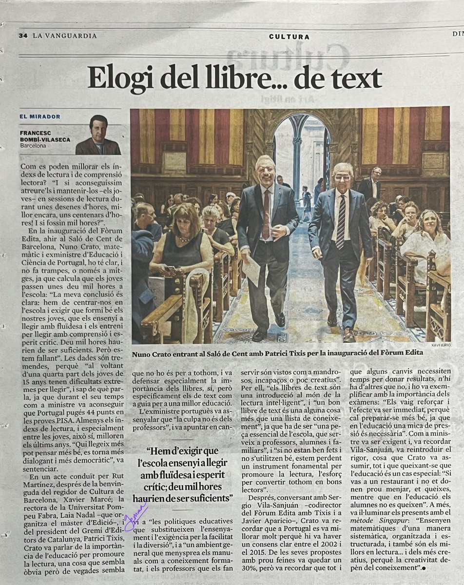 Nuno Crato, ministre portuguès que va aconseguir per al seu país un augment de 44 punts en les proves PISA: “la culpa no és dels professors, sinó de les polítiques educatives que substitueixen l’ensenyament i l’exigència per la facilitat i la diversió.
La Vanguardia 09/09/25