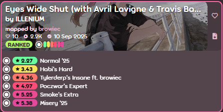 AVRIL DROP EP. 2
remapped a song i ranked back in 2023, that map was terrible so im happy that i mapped it better now
osu.ppy.sh/beatmapsets/23…