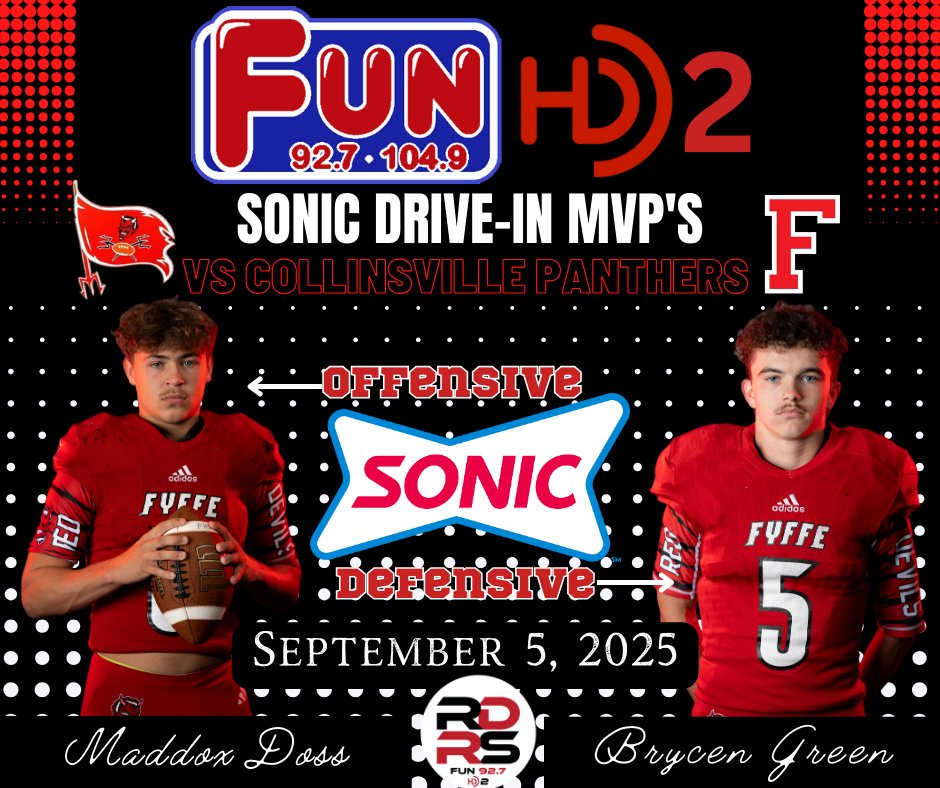 🏈 Red Devil MVPs!!!🏈
Presented by Sonic Drive-In (Rainsville, AL) in Rainsville 🍔🥤

Head Coach Paul Benefield has named this week’s MVPs from the Red Devils’ 58-22 victory over the Collinsville Panthers!

🔥 Offensive MVP – Maddox Doss
Maddox put together a huge night:

1