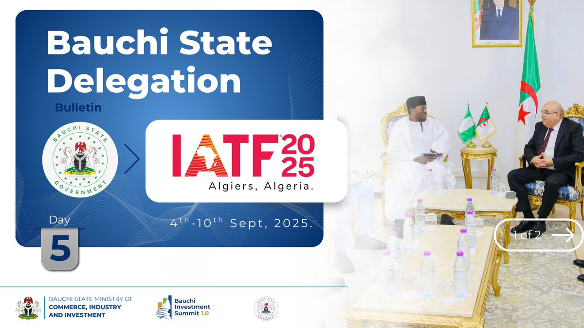 bauchi_MOCII's tweet photo. BAUCHI DEEPENS PHARMACEUTICAL SECTOR TIES WITH ALGERIA
On the sideline of the Intra-African Trade Fair (IATF 2025), Algeria’s Minister of Pharmaceutical Industry, Ouacim Kouidri, received the Bauchi State delegation led by the Honourable Commissioner Muhammad Salis Gamawa. https://t.co/mucMJWRwN0