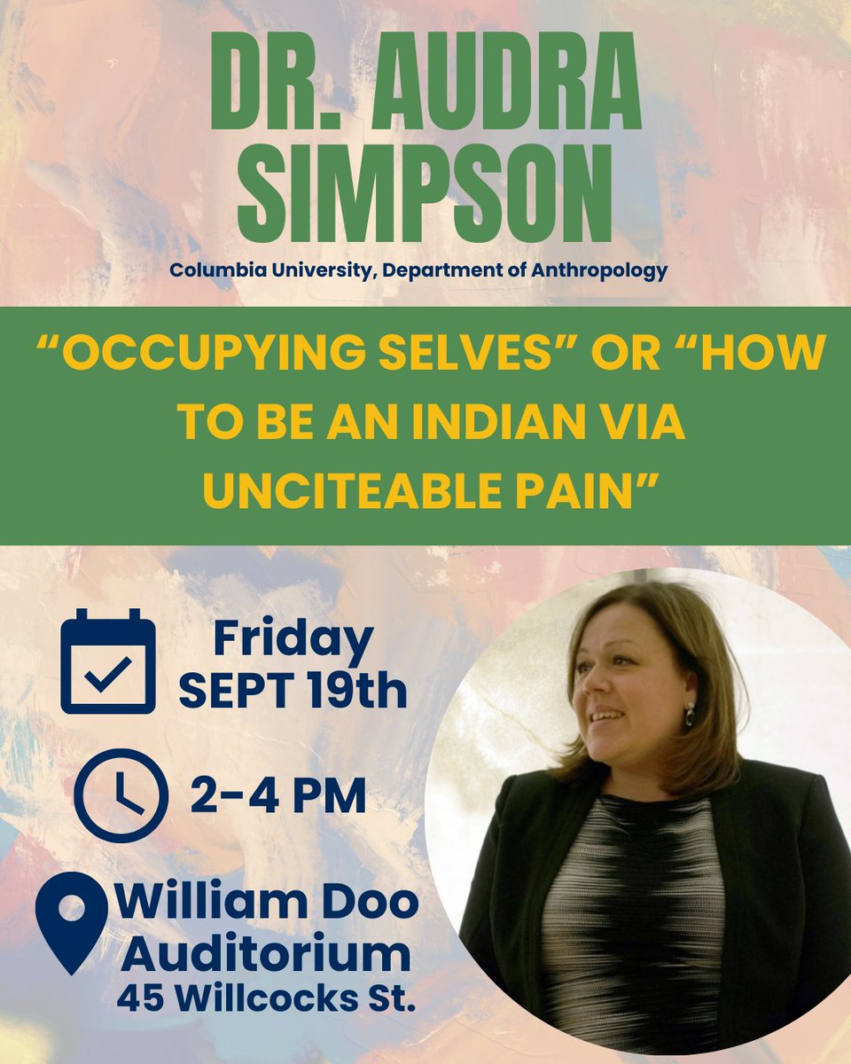 Join us for a special talk by Dr. Audra Simpson!
📆Friday, Sept 19
⏰2-4PM
📍William Doo Auditorium
anthropology.utoronto.ca/events/occupyi…