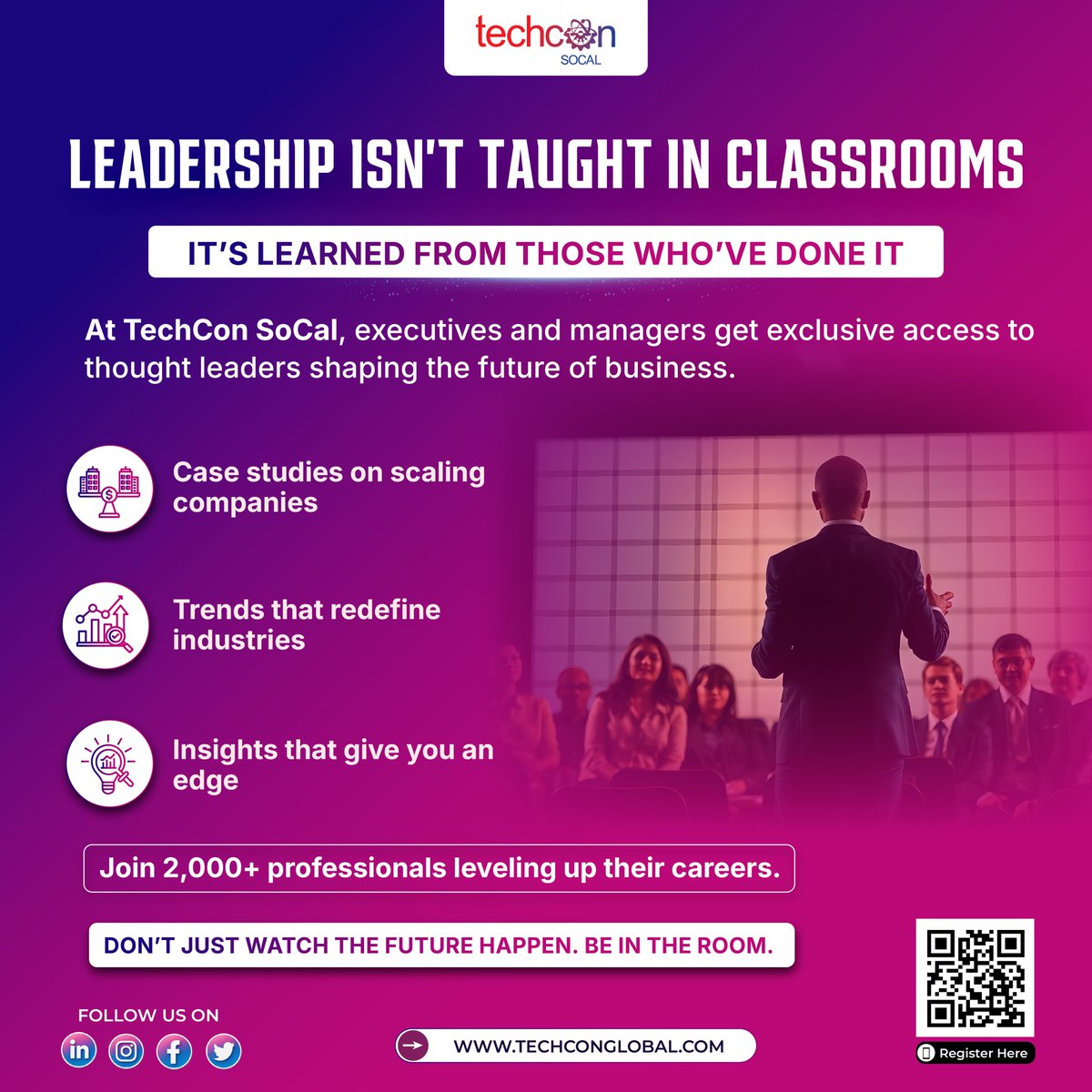 TechCon_Global's tweet image. Leadership isn’t taught it’s practiced. 

True leadership grows through experience, insights &amp;amp; adaptability. #TechConSoCal2026 brings case studies, trends &amp;amp; strategies to lead with impact. 

Join 2,000+ pros where knowledge becomes growth. 
🔗 techconglobal.com/techcon-socal-……