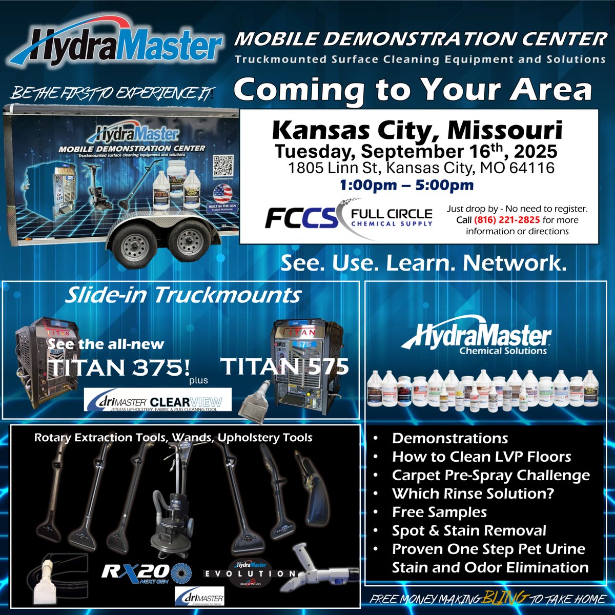 The HydraMaster Road Show and Mobile Demonstration Center are coming to Kansas City, Missouri at Full Circle Chemical Supply! Join us!