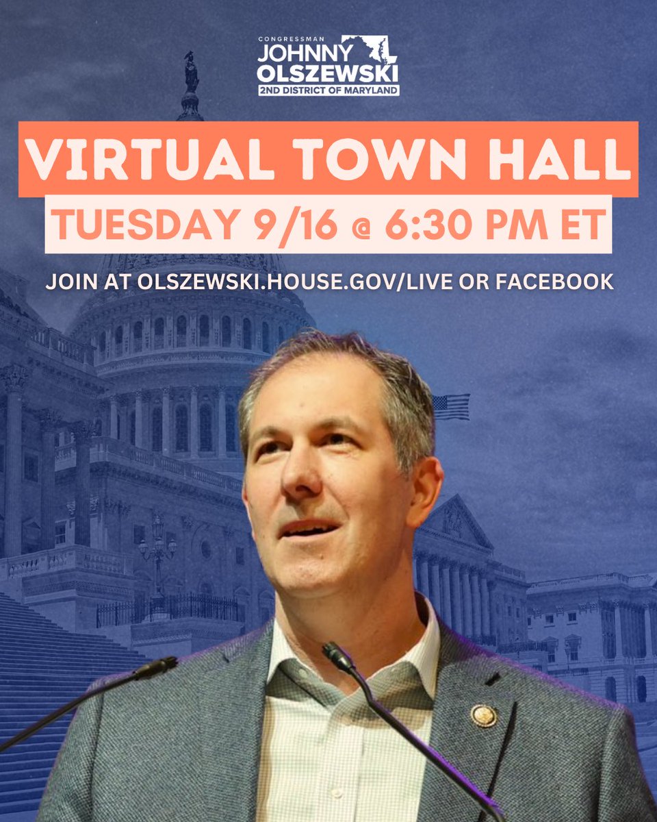 RepJohnnyO's tweet image. 📢 I want to hear from you! 

Join me for a virtual #MD02 town hall on Tuesday, September 16 at 6:30 PM to discuss how I'm fighting for Marylanders in Congress. Tune in and share your thoughts!