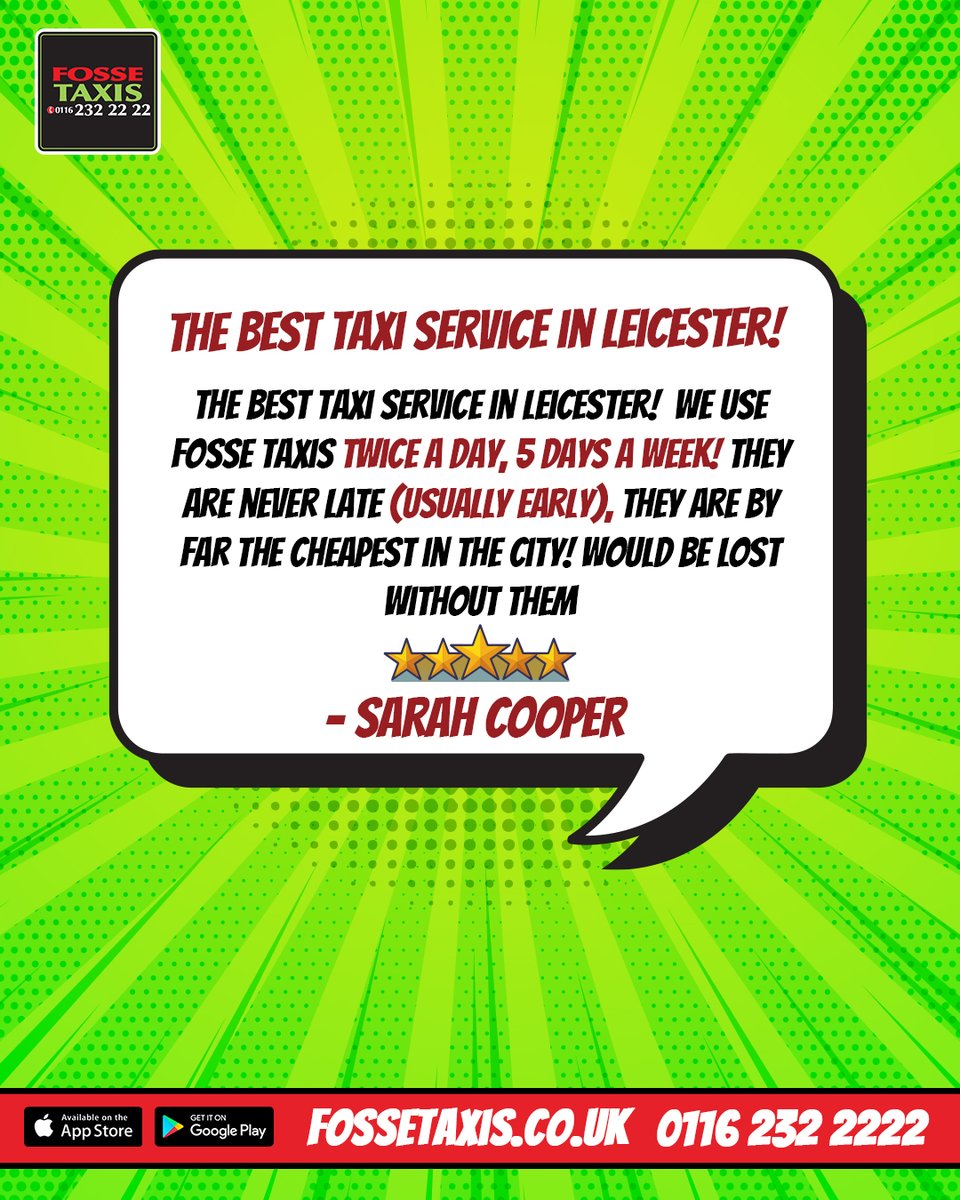✨ Thanks, Sarah! We’re so glad to be your go-to taxi service in Leicester 🚖💛
.
.
.
.
.
#Leicester #FosseTaxis #CustomerLove #TaxiLeicester #YourLocalTaxi #TrustedService #LeicesterLife #GoToTaxi