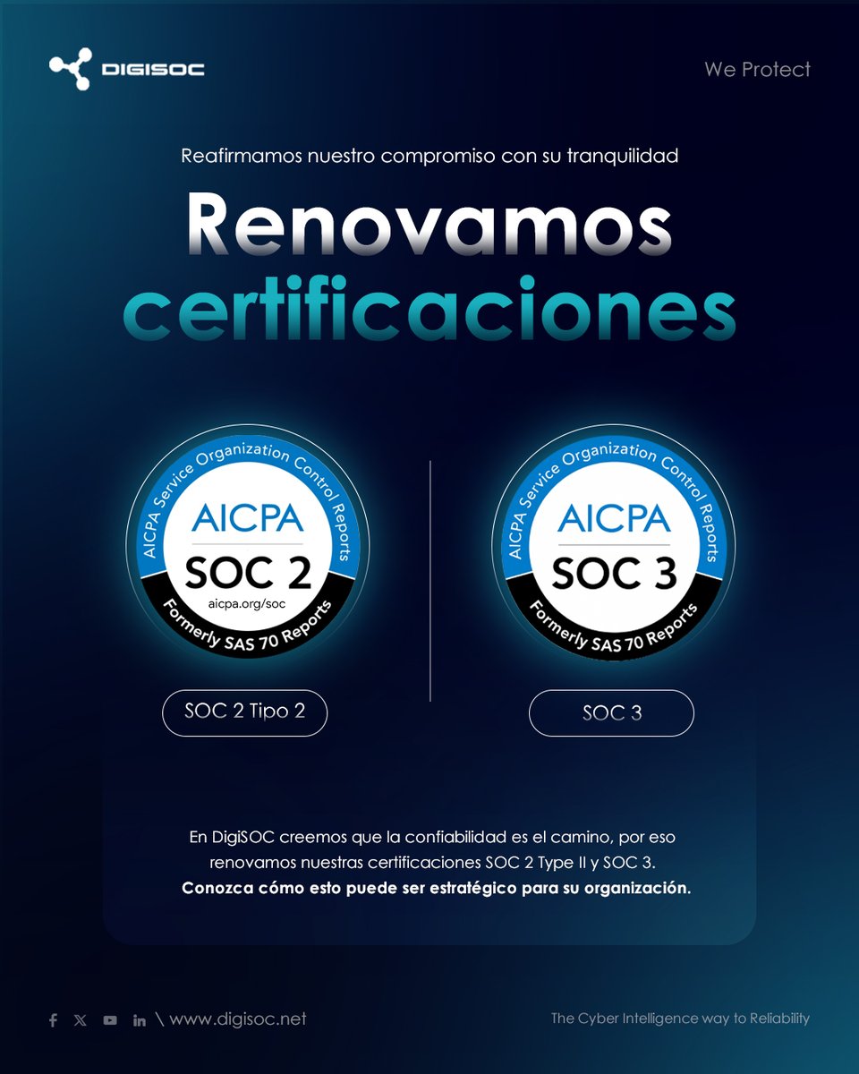 digisoc_mdr's tweet image. 🔒 En #DigiSOC renovamos nuestras certificaciones SOC 2 Tipo 2 y SOC 3, reafirmando nuestro compromiso con tu seguridad y confianza digital.
Descubra cómo este logro fortalece a su organización: digisoc.net/post/digisoc-r…
#SOC2 #SOC3 #Ciberseguridad #ConfianzaDigital