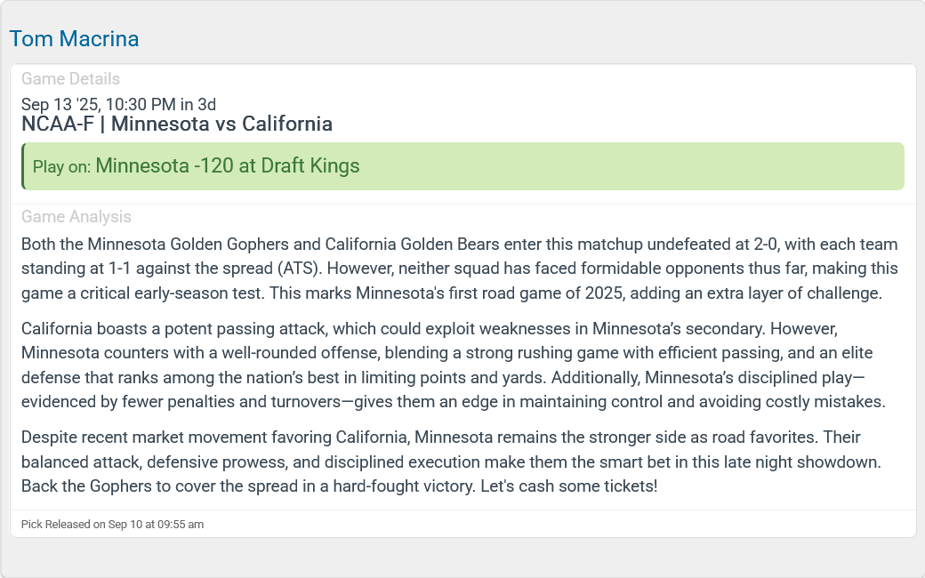 CapperReviews's tweet image. #NCAAF Free Pick Saturday Sept 13 (courtesy of
@WryCape )            

#GopherNation vs #GoBears  🏈🏈🏈 Min -120

Check out our FreePicks Page for the hottest Free Picks on the Internet: capperreviews.com/free-sports-pi… 

#gamblingtwitter #cfbpicks #FreePicks #FREEPICK #FreeBet #BIG10