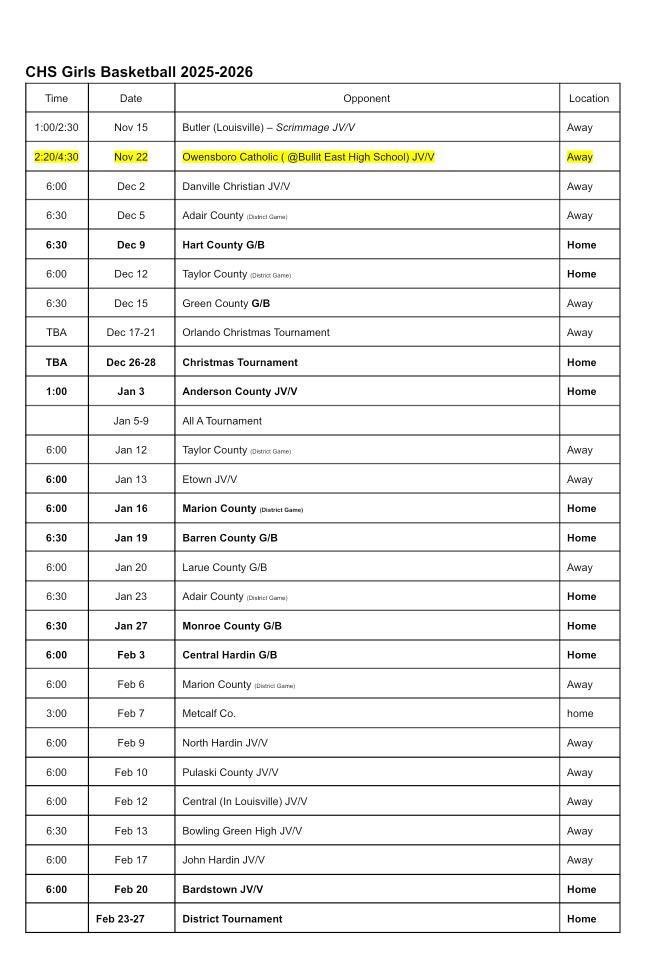 My basketball schedule with  Campbellsville high school for the 25-26 season!