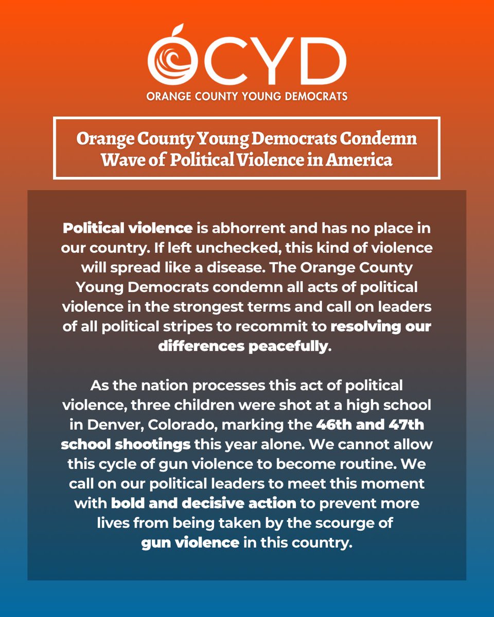 Political violence is abhorrent and has no place in our country. If left unchecked, this kind of violence will spread like a disease. OCYD condemns all acts of political violence in the strongest terms. Let’s recommit to resolving our differences peacefully.