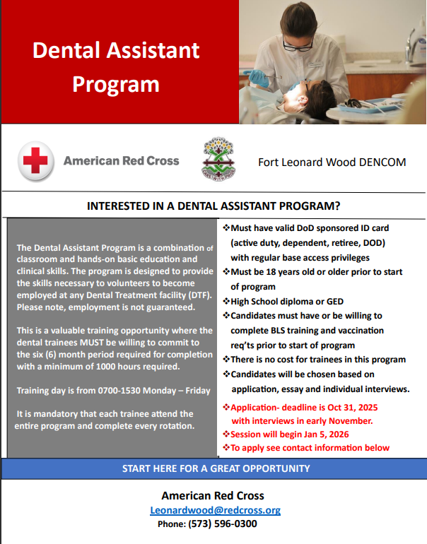 American Red Cross volunteer Rhonda Sherman, the spouse of a retired U.S. Marine, completed the 1,000 hour dental assistant training program in Smith Dental Clinic on Ft. Leavenworth, KS. 

The dental assistant training program is a partnership between the American Red Cross, and