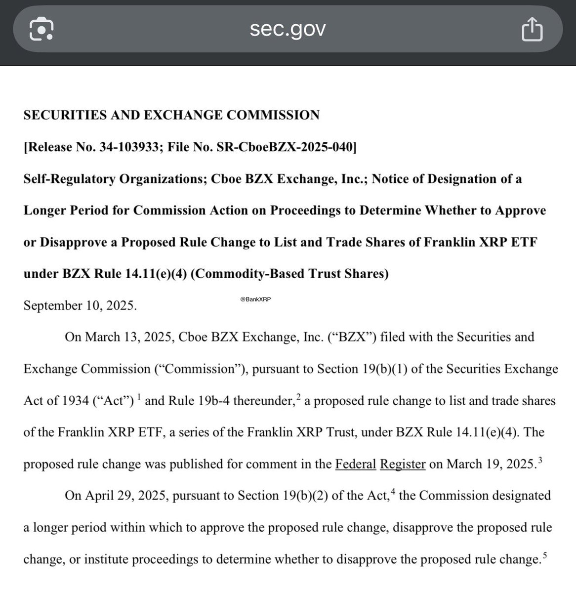 BankXRP's tweet photo. SEC extends review of Cboe BZX’s proposal to list Franklin XRP ETF to Nov 14, 2025, for thorough evaluation. #SEC #XRP #ETF https://t.co/S7cfh1TrH4