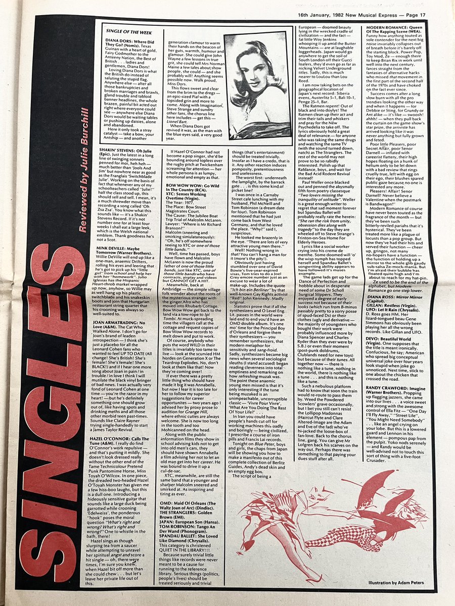 XTC, Diana Dors, Mink DeVille, The Japan, The Stranglers, Bow Wow Wow, Joan Armatrading, Devo, Orchestral Manoeuvres In The Dark, Tom Robinson, more. 
Singles reviewed by Julie Burchill.
Illustration by Adam Peters.
New Musical Express, 16 January 1982.