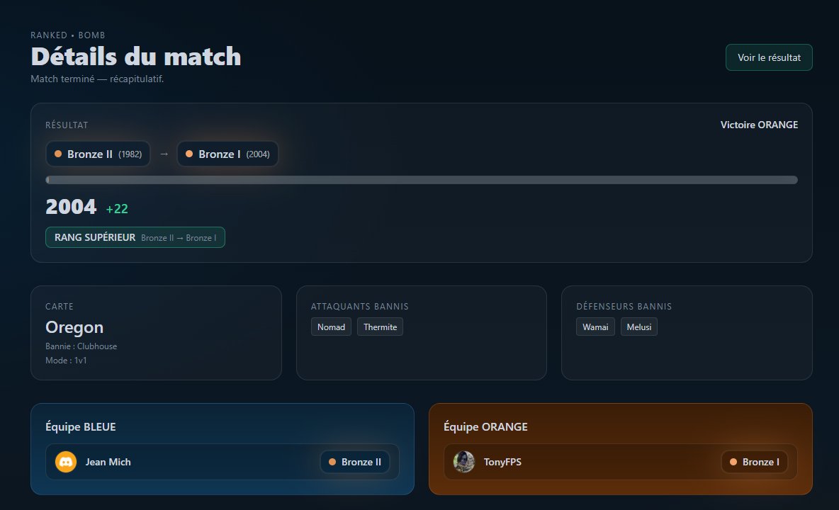 Ptite update sur le projet matchmaking Legacy :

Focus sur les fonctionnalités (l'interface on verra après donc faites pas gaffe).
J'ai un matchmaking fonctionnel, avec MMR et ranks, pour du 1V1, 3V3 et 5V5.
Le ban map fonctionne, ainsi que le ban opérateur.

Ca avance bien !