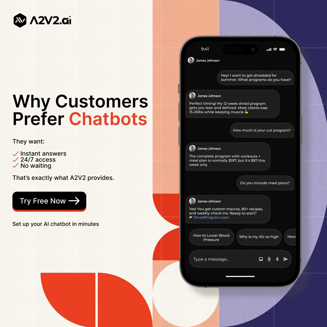 A2V2_Ai's tweet photo. Your customers don’t want to wait.
With A2V2, they don’t have to. ⏰

#CustomerExperience #AIchatbot #AItools #BusinessTips #CustomerEngagement #ai #AIchatbot #MarketingTool #A2V2 #LinkInBio #CreatorTools https://t.co/EZd5evhjLI