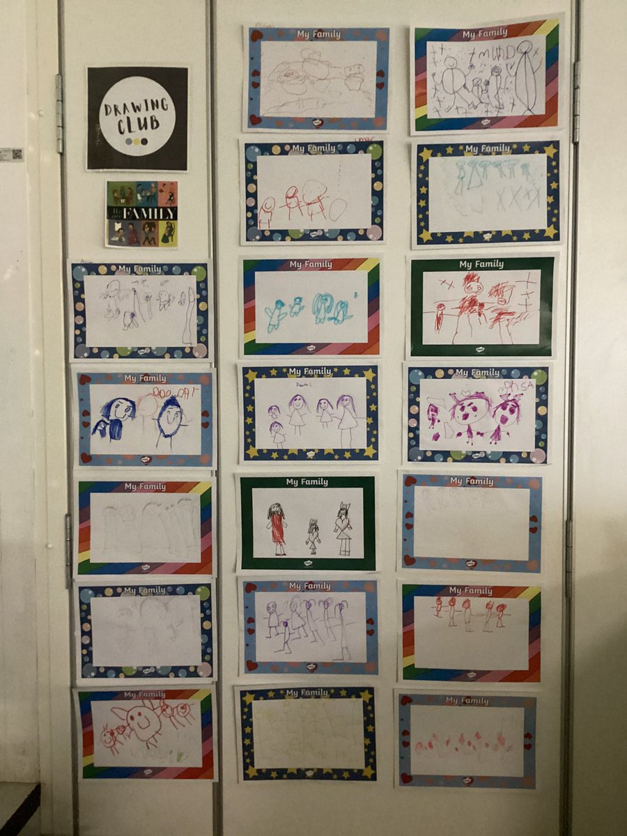 MrsGriffiths7's tweet image. We are a family drawing club today. We drew who lived in our house. Our penpal patter the is week is dots so we used them to make our families do funny things 😂 #eyfs #drawingclub #weareafanily #writing