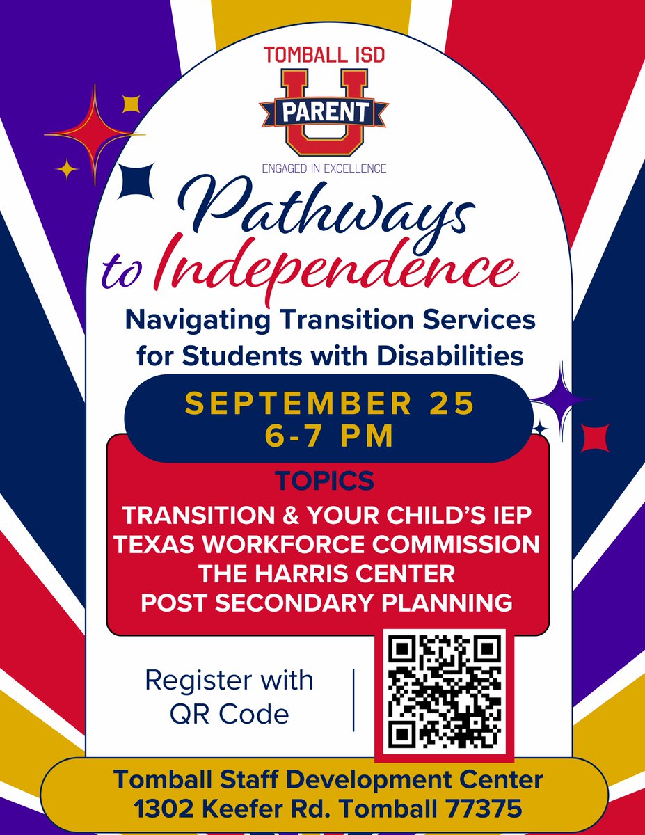 🌟 New Parent U Session Announced! 🌟

Families with students (14-22) receiving Special Education Services - Join us on Sept. 25 for an informative session: Pathways to Independence: Connecting School to Life Beyond <a href="/TStudentsupport/">TISD_StudentSupport</a>

Learn more &amp; register: tomballisd.net/parent-u