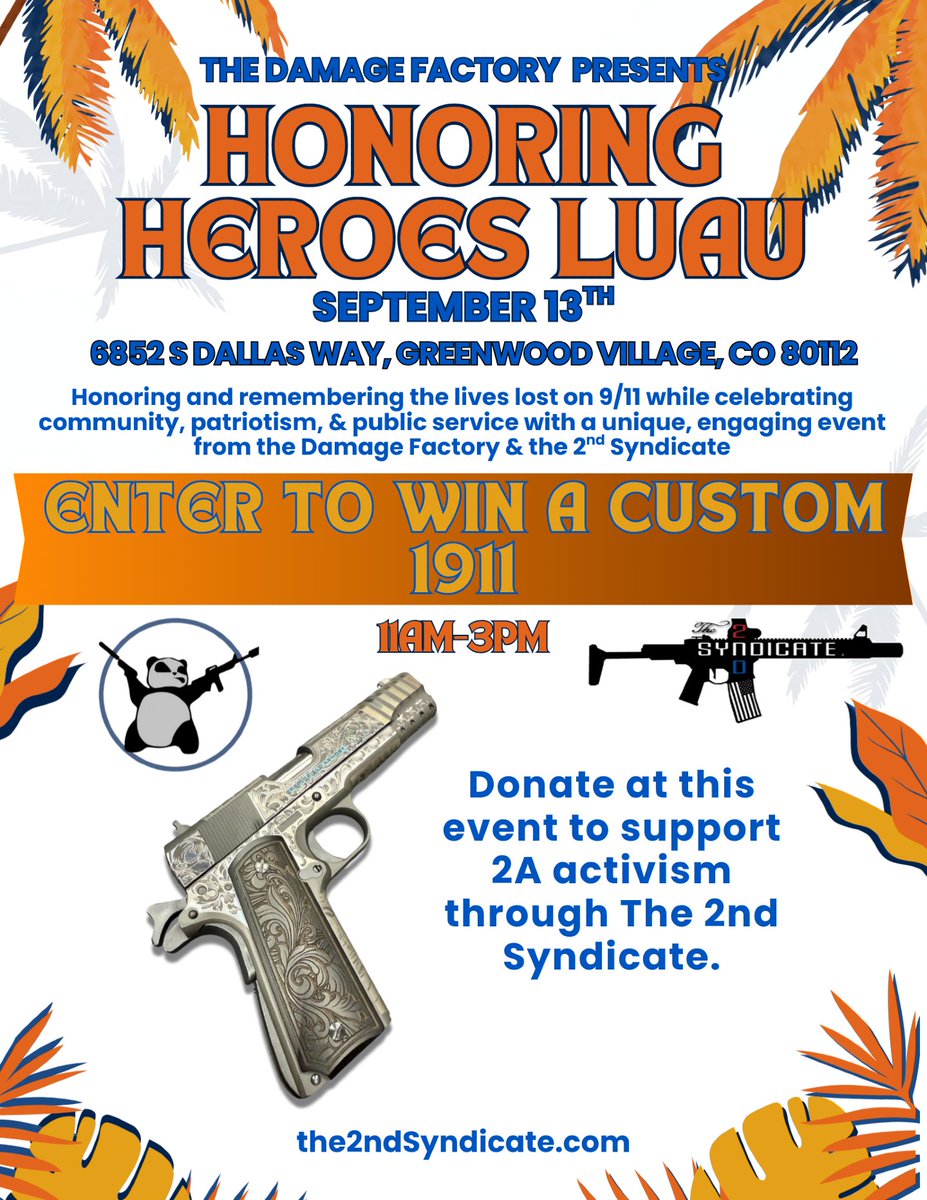 🔥 BIG GIVEAWAY ALERT! 🔥 THIS SATURDAY September 13th, we are doing a giveaway for The Honoring Heroes Luau Event! Donating at the event helps fight for local 2A activism. Thanks to Ken at The Damage Factory for such an incredible piece to be donated.
Get your tickets here: