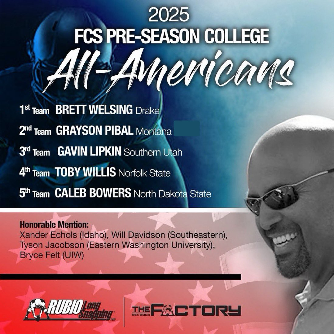 Rubio Long Snapping is proud to announce its pre-season FCS All-Americans 

#RubioFamily | #ToeTheLine