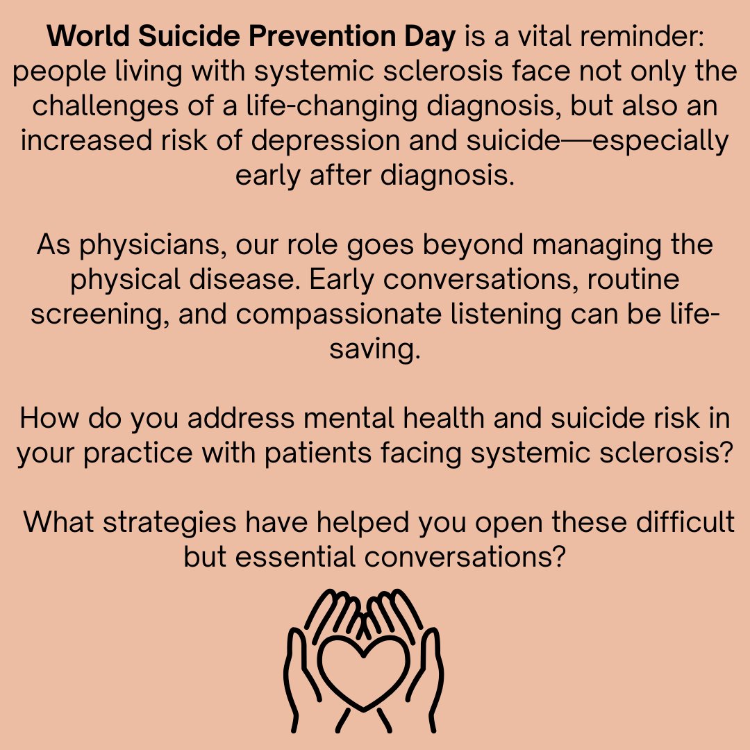 CSRG2022's tweet image. Suicide prevention is part of whole-patient care. On World Suicide Prevention Day, how do you open space for mental health in your systemic sclerosis practice?