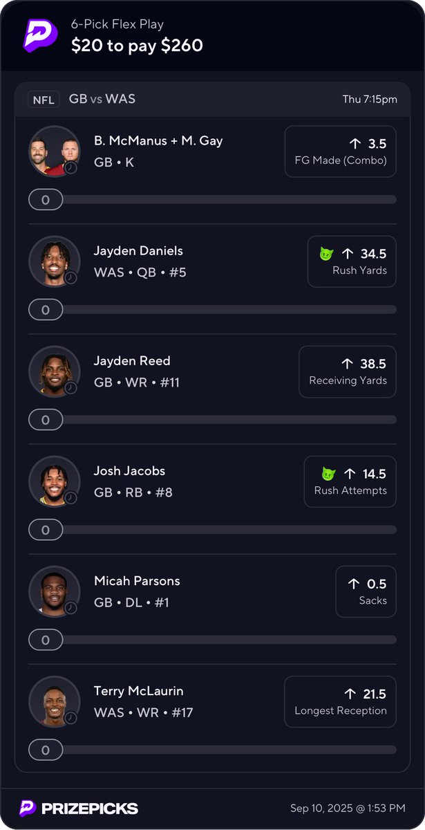 TNF Gobby Slip 🧪

Best Renob picks:

⭐️Daniels Goblin
⭐️Jacobs Goblin

Demon Slip to come👹

#PrizePicksNFL #PrizePicks #DFS #BettingTwitter #GamblingTwitter