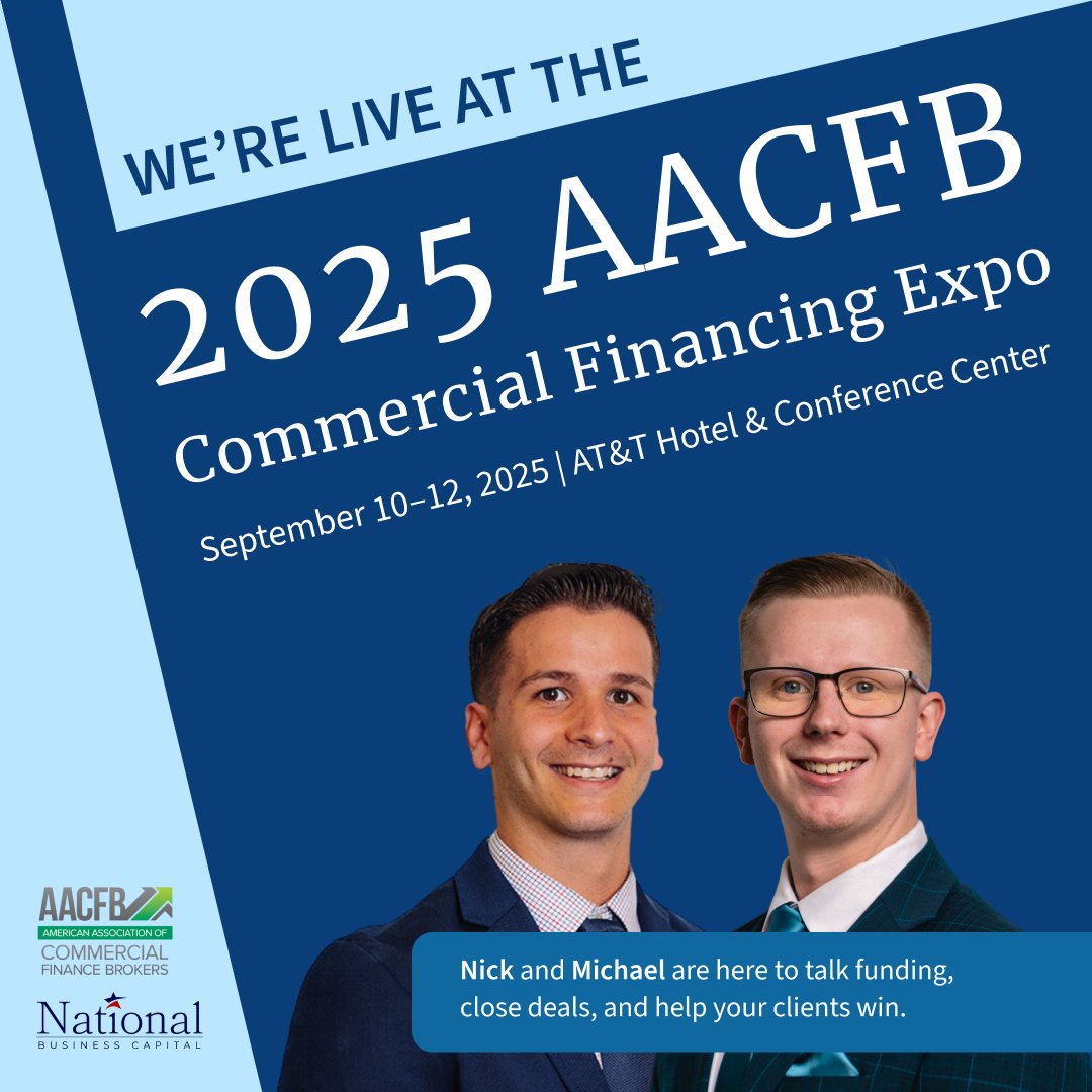 AACFB Expo Starts Today! Let’s Connect.

📍 Meet with National at AACFB | Sept 10–12 | AT&amp;T Hotel and Conference Center. Austin, TX

We're live at the AACFB Commercial Financing Expo and ready to talk deals, funding, and how to help your clients win.