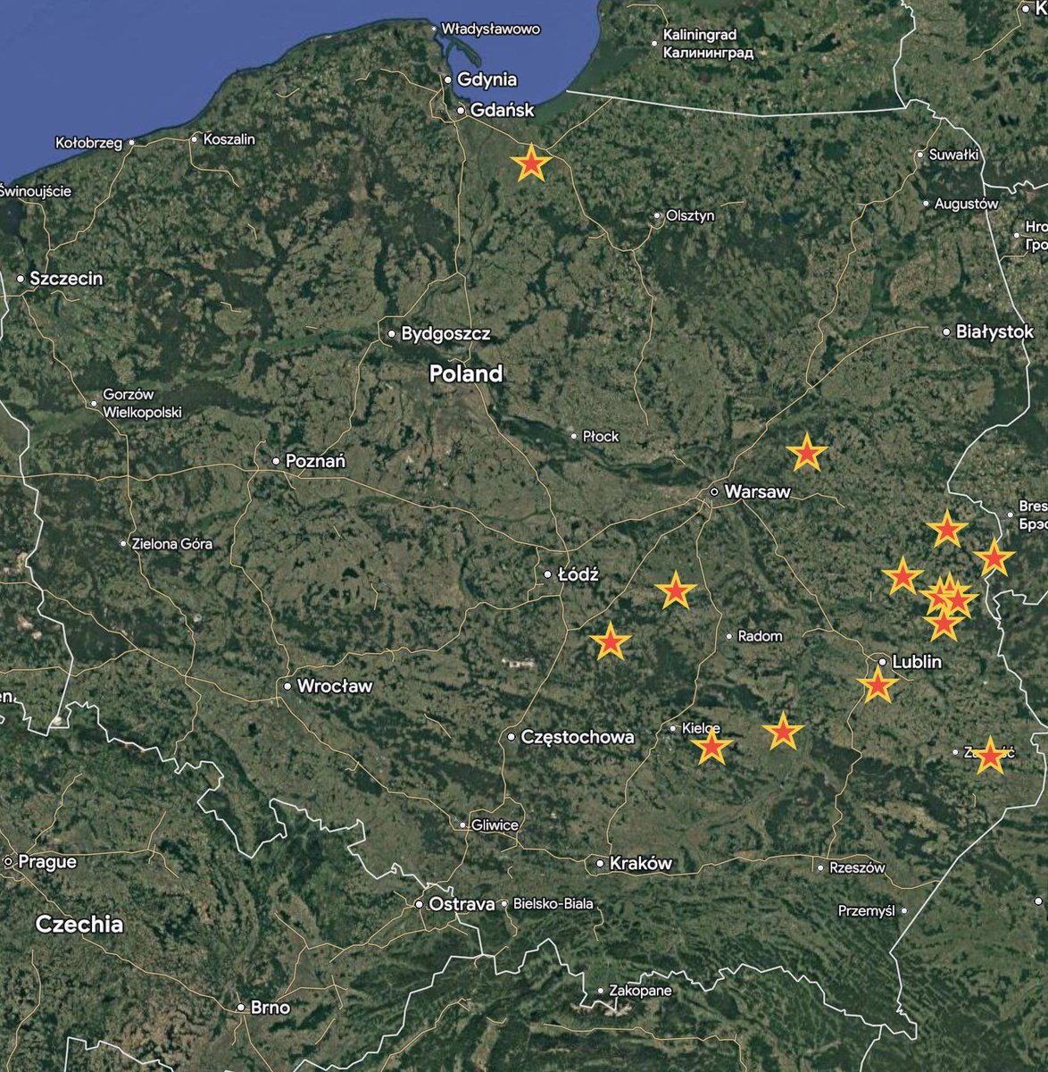 Map of Russian drones currently found in Poland:  
Czesniki - Lubelskie
Bychawka Trzecia - Lubelskie
Czosnówka - Lubelskie
Wohyn - Lubelskie
Zabtocie Kolonia - Lubelskie
Wyhalew - Lubelskie
Krzywowierzba Kolonia - Lubelskie
Wyryki - Lubelskie
Wielki Lan - Lubelskie
Sobótka -
