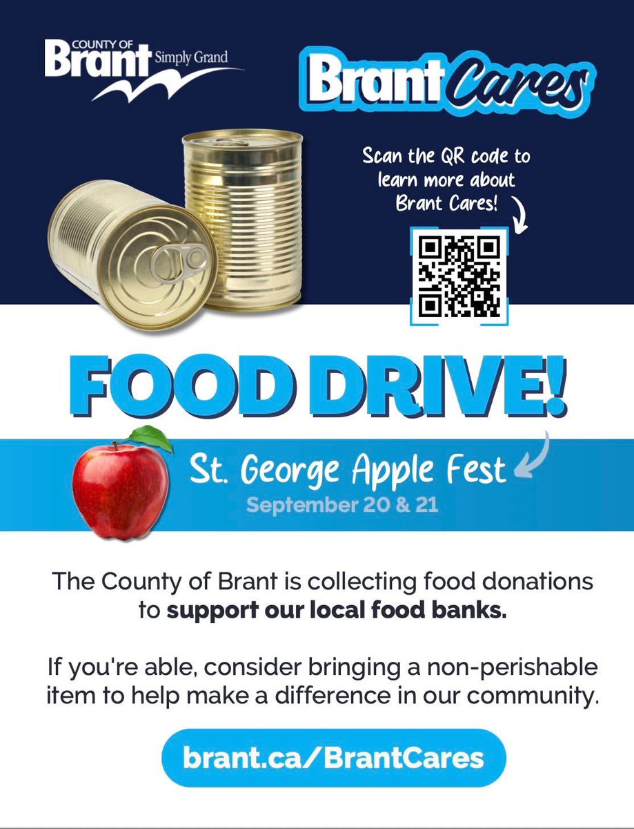 While you’re enjoying Apple Fest, bring along a non-perishable item to help stock our local food banks! Let’s make this festival about community, kindness, and giving back. ❤️

 #CountyOfBrant #AppleFest #FoodDrive