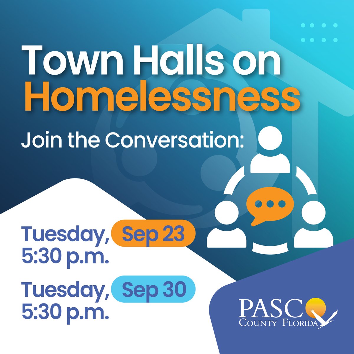 PascoCountyPIO's tweet image. #PascoCounty is taking action to make sure homelessness is rare, short-lived and never repeated—help shape these efforts! Your input is essential. Join us at one of our public meetings on 9/23 in NPR at the WPGC and 9/30 at Saint Leo Wellness Center and tell us how homelessness…