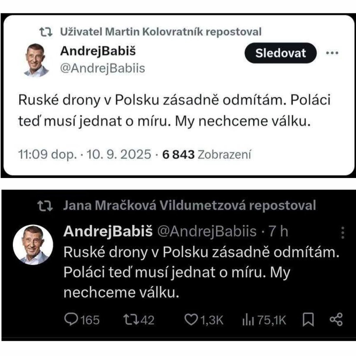 Parodický účet Andreje Babiše napsal evidentně satirický text o tom, že Polsko, které na nikoho nezaútočilo, MUSÍ JEDNAT O MÍRU. A hádejte, kdo z gigantů ANO to repostoval?
