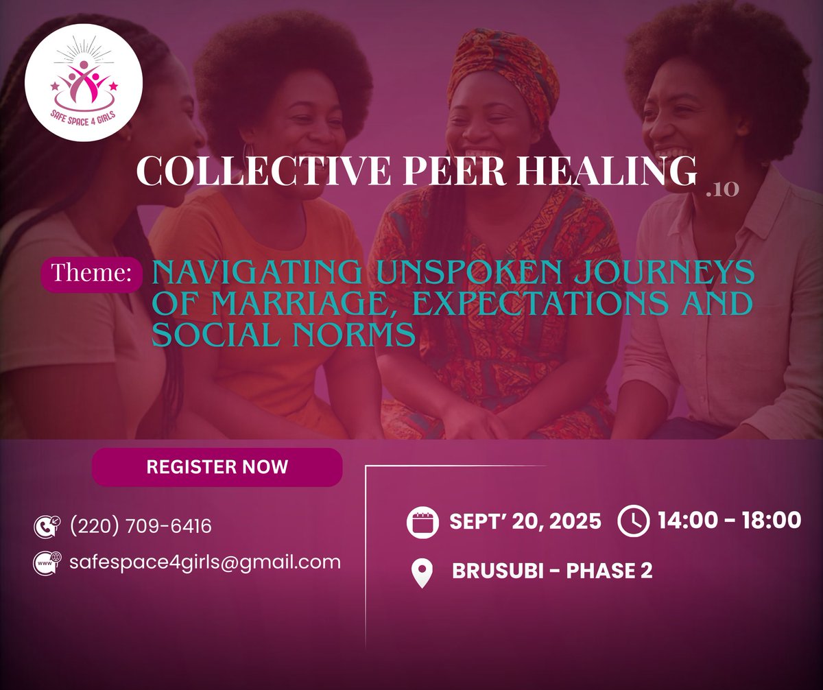 Heya. 🤩
This month join us in a safe and empowering space for women to reflect, share, and support one another as we explore the realities of marriage, social expectations, and womanhood in The Gambia.
⬇️

📅 20th September 
📍 Brusubi 2

Register here: 8yybluoh.forms.app/safespace