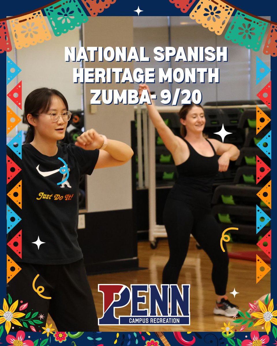 Come join us for National Spanish Heritage Month Zumba on September 20th 💃✨! 

Enjoy the high-energy Zumba session as we honor the vibrant cultures, music, and traditions of Spanish-speaking communities around the world! 

Registration: recreationwebportal.dria.upenn.edu/Program/GetPro…
