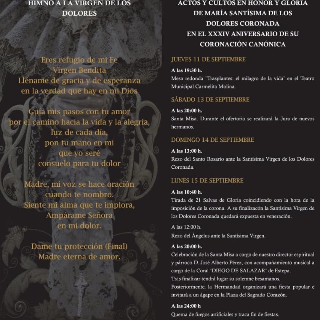 Mañana comienzan los actos y cultos en Honor y Gloria de la Santísima Virgen de los Dolores Coronada con motivo del XXXIV Aniversario de la Coronación Canónica. 

Os dejamos los dípticos en versión digital que ya han sido repartidos por todas las casas de nuestro pueblo