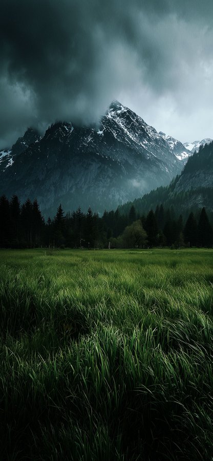 A grassy field with tall green grass in the foreground. Snow-capped mountains rise in the background under a dark, cloudy sky. Pine trees are scattered across the landscape.